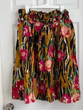 TRULY Mustard A-Line Midi Skirt with Pink Floral Print